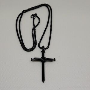 Nail Designed Cross Black 24" Necklace